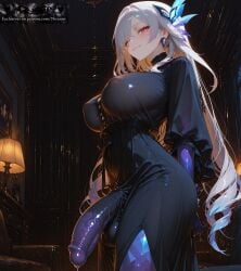 1futa absurd_res ai_generated arms_behind_back bangs black_dress blush breasts bulge butterfly_hair_ornament closed_mouth clothing covered_nipples covered_penis covered_testicles dress earrings erection erection_under_clothes futa_only futanari genshin_impact grey_hair hair_between_eyes hair_ornament huge_cock huge_testicles impossible_clothes indoors intersex jewelry lamp large_breasts large_penis long_hair long_sleeves looking_at_viewer niraniri penis pink_eyes precum purple_eyes silver_hair skirk_(genshin_impact) smile solo testicles veins veiny_penis very_long_hair