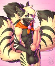 2016 abs animal_genitalia animal_penis anthro athletic balls big_tail black_balls black_fur black_nose black_stripes black_tail blue_eyes canine canine_penis claws dipstick_tail erection eyebrows fangs fluffy fluffy_tail fox fur hi_res holding_penis hyper hyper_penis inner_ear_fluff knot knot_grab long_tail male male_only mammal multi_tail multicolored_fur multicolored_tail neckerchief nude pattern_background pecs penis pink_background pink_penis pink_tongue portrait precum reverse_countershading simple_background solo standing striped_fur striped_tail stripes tan_fur tan_hair tan_tail three-quarter_portrait tongue tongue_out two_tone_fur two_tone_tail vallhund watermark