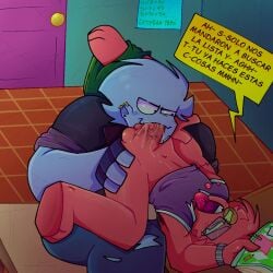 2boys ahegao_face blowjob blush bluuzick_(kevin) broz_boyz broz_boyz_go clothed_sex crying crying_with_eyes_open cum cum_in_mouth cumming_in_mouth digital_art gay gay_sex glasses glasses_on_face hackzack_(zack) moan moaning moaning_in_pleasure oc ocs original_character original_characters penis pierced_ear piercing piercings school schoolboy spanish_dialogue spanish_text table testicles text text_bubble tongue_out toony toony_face xd yaoi