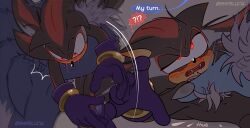 anthro bite blush blush_lines bodily_fluids carrying_another confusion duo fangs fur hand_on_chest hi_res male male/male question_mark sega shadow_the_hedgehog shipslucia shoulder_bite sonadow sonic_the_hedgehog sonic_the_hedgehog_(series) sonic_the_werehog sonic_unleashed speech_bubble sweat sweatdrop teeth text vampire_shadow