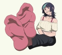 5_toes black_choker boy choker clothed fbm_nr feet feet_fetish feet_focus feet_together foot_fetish front_view hoshi_kirara jjk jujutsu_kaisen looking_at_viewer pants pink_eyes pink_socks presenting_feet sfw short_hair simple_background sitting smile smiling smiling_at_viewer sock_fetish socks soles soles_of_feet_in_socks spiked_choker toes trans trans_woman two_colored_hair white_background