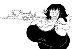 1boy 1boy1girl 1girls 2023 2d 2d_(artwork) 2d_artwork after_paizuri anon anonymous_male big_breasts black_hair black_pants black_shirt breasts_bigger_than_head caitlyn_(gremlingrounded) cat_ears cat_girl cat_humanoid cat_tail catgirl cleavage closed_eyes clothed_female clothed_female_nude_male clothing cum cum_between_breasts cum_puddle drooling feline gremlingrounded greyscale heart hearts_around_head licking_lips long_hair monochrome nude_male original passed_out smile spasms sweat sweaty_body tank_top thick_thighs tongue_out unconscious_male