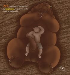 balls bear brown_fur closed_eyes clothed clothing dakota-bear dialogue english_text feral fur grizzly_bear half-dressed human male mammal pawpads paws penis size_difference sleeping text topless towel yaoi