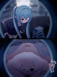 !? absurdres black_eyes blue_hair blue_jacket blue_necktie blue_panties blue_skirt blurry blurry_background blush body_writing bodypaint clitoris closed_mouth clothes_lift collared_shirt commentary_request do_you_want_to_pet_my_cat_(meme) eyepatch female hatsune_miku highres jacket ladder lifting_own_clothes long_hair long_sleeves meme miniskirt monitoring_(vocaloid) navel necktie panties panty_pull peephole pleated_skirt pov_peephole pulling_own_clothes pussy_juice shirt skirt skirt_lift stepladder sweat translation_request twintails uncensored underwear unnunal_(unneonal) v-shaped_eyebrows vocaloid white_shirt