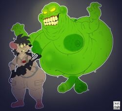 2026 american_opossum anthro ass balls belt big_balls big_butt big_penis black_clothing black_eyes black_gloves black_hair black_handwear black_nose bodily_fluids bodysuit brown_bodysuit brown_clothing brown_skinsuit bulge clothing clover_clive digital_media_(artwork) duo floating fur genitals ghost ghostbusters gloves glowing glowing_eyes green_body green_nipples hair handwear hi_res holding_object holding_ranged_weapon holding_weapon huge_butt humanoid itsme_hilo male male/male mammal marsupial moobs name_tag nervous nipples obese obese_humanoid overweight overweight_humanoid penis proton_pack ranged_weapon signature skinsuit slimer spirit sweat tan_body tan_ears tan_fur teeth thick_thighs three-quarter_view tight_clothing weapon yellow_eyes yellow_sclera