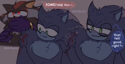 anthro asking_if_okay bite bite_mark blood blush blush_lines bodily_fluids covering covering_mouth duo fur hi_res male male/male sega shadow_the_hedgehog shipslucia shoulder_bite sonadow sonic_the_hedgehog sonic_the_hedgehog_(series) sonic_the_werehog sonic_unleashed sound_effects sweat sweatdrop teeth text vampire_shadow
