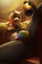 alcohol anthro anus ass bear beastars beer beverage black_body black_fur cigarette clothing fur giant_panda gouhin_(beastars) hi_res leg_muscles lgbt_pride lgbt_pride_month male mammal muscular pecs sinibun_95 smoking smoking_cigarette solo thong underwear white_body white_fur