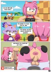 amy_rose anal_request anthro anus ass athletic_wear backsack balls bat black_boxing_gloves black_gloves blaze_the_cat bottomwear bottomwear_down boxing boxing_gloves boxing_ring breasts clothed clothing comic dialogue domestic_cat duo english_text eulipotyphlan felid feline felis fighting_ring futanari genitals gloves green_eyes handwear hedgehog hi_res ike_marshall mammal outdoors pants pants_down partially_clothed perineum pink_anus pink_body pink_boxing_gloves pink_gloves presenting presenting_anus purple_body rouge_the_bat sega shorts shorts_down sonic_(series) sonic_the_hedgehog_(series) speech_bubble sports_bra spread_anus spread_butt spreading text yellow_eyes