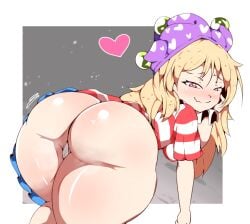 all_fours american_flag american_flag_dress american_flag_print ass ass_focus blonde_hair blush border cameltoe closed_mouth clownpiece collar commentary double-parted_bangs double_entendre english_commentary feet_out_of_frame female flag_print grey_background hair_between_eyes hand_on_own_cheek hand_on_own_face hat heart huge_ass jester_cap jungleboyayaya light_blush long_hair looking_at_viewer missing_legwear mooning motion_lines naughty_face neck_ruff nose_blush oerba_yun_fang panties polka_dot_hat presenting presenting_ass purple_eyes purple_hat raised_inner_eyebrows short_sleeves simple_background skin_fang smirk solo split_mouth squinting thick_thighs thighs touhou underwear white_border white_collar white_panties