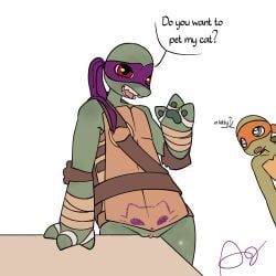 anthro bandage belt belt_buckle blue_eyes cuntboy dialogue do_you_want_to_pet_my_cat_(meme) donatello english_text green_skin meme michelangelo pussy red_eyes scalie speech_bubble teenage_mutant_ninja_turtles tmnt_2012 turtle turtle_shell