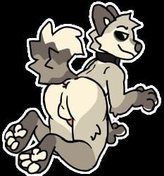 2d_animation all_fours alpha_channel animated anthro anus backsack balls black_collar butt canid canine collar feet fox fur genitals green_eyes hi_res hindpaw humanoid_genitalia humanoid_penis kneeling looking_back male mammal markings max_(rookspirit) nude pawpads paws penis perineum pink_anus pink_penis raised_paw raised_tail rear_view rookspirit simple_background smile solo striped_markings striped_tail stripes tail tail_markings tan_body tan_fur trans_(lore) trans_man_(lore) transparent_background white_pawpads