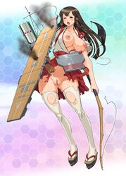 akagi_(kantai_collection) breasts brown_eyes brown_hair cosine gloves hakama japanese_clothes kantai_collection long_hair nipples okobo pussy sandals uncensored wink