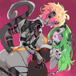 2girls animal_ears ass back bell big_breasts bimbwoh blonde_hair blue_eyes breasts cleavage colored_sclera cow_ears cow_girl cow_horns cow_tail cowbell crelly curvy cyborg dress female fishnet_top fishnets green_hair grey_sclera heterochromia highres horns indie_virtual_youtuber koko_d._nuts kokonuts large_breasts leotard long_hair mechanical_arms monkey_ears monkey_girl monkey_tail multicolored_hair multiple_girls nervous_sweating pink_background pink_eyes pink_hair red_dress red_eyes red_nails short_hair sideboob single_mechanical_arm sweat tail thick_thighs thigh_strap thighs virtual_youtuber yellow_leotard yuri