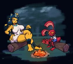 1boy 1boy1girl 1boys 1girl1boy 1girls algob4v animal_crossing ankha ankha_(animal_crossing) anthro anthro_only bav big_breasts breasts breasts_bigger_than_head campfire camping dress female furry furry_female furry_male furry_only log male massive_breasts muscular_thighs night night_sky nintendo smaller_male spiked_collar tail thick_thighs thighs thober_(bav)