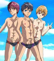 balls black_hair blonde_hair censored cute_male erect_penis erection foreskin free! gay haruka_nanase looking_at_viewer male_only multiple_boys multiple_males nagisa_hazuki nipples no_pubic_hair purple_hair rin_matsuoka swimming_trunks testicles twink uncut