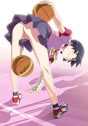 1girls absurdres ass ass_up bakemonogatari ball basketball bent_over blue_hair clothing female female_only highres kanbaru_suruga kneepits looking_at_viewer looking_back monogatari_(series) no_panties nude_filter photoshop pussy ribbon school_uniform shoes short_hair skirt sneakers solo tomboy uncensored upskirt watanabe_akio