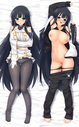 :o arm_up barefoot bikini_top black_hair black_legwear black_panties blue_eyes blush breasts dakimakura feet female gloves holding_arm ikaruga_(senran_kagura) jacket kaisen_chuui long_hair looking_at_viewer lying multiple_views navel necktie nipples no_shoes off_shoulder on_back open_clothes open_jacket open_mouth panties panties_under_pantyhose pants_pull panty_pull pantyhose payot pussy senran_kagura senran_kagura_(series) shiny shiny_skin track_jacket track_pants track_suit uncensored underwear uniform very_long_hair white_gloves white_panties