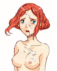 1girls artist_request blue_eyes breasts cum cum_on_body cum_on_face female female_only kyokugen_dasshutsu:_9_jikan_9_nin_9_no_tobira luna_(zero_escape) nipples nude open_mouth orange_hair solo solo_female virtue's_last_reward white_background zero_escape