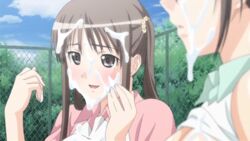 2girls animated brown_hair cum cum_on_face facial fault!! female multiple_girls ponytail saeki_ai sugiyama_mio tied_hair