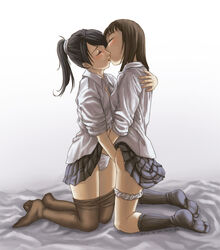 2girls black_hair blush brown_hair closed_eyes couple dress_shirt elleciel.eud feet female female_only fingering hand_in_another's_panties hand_in_panties hug kissing kneehighs kneeling multiple_girls mutual_masturbation original panties panties_around_tail panty_pull pantyhose pantyhose_around_knees pantyhose_pull ponytail romantic school_uniform shirt short_hair skirt skirt_lift sleeves_pushed_up socks thighhighs tied_hair underwear yuri