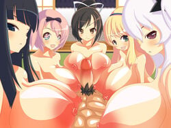 5girls areolae black_hair blonde_hair blush breasts brown_eyes brown_hair censored erect_nipples erection green_eyes hair_ribbon harem huge_breasts long_hair morokoshitaroh multiple_girls nipples open_mouth penis pink_hair purple_eyes ribbon senran_kagura short_hair silver_hair smile symbol-shaped_pupils