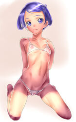 1girls bikini blush breasts dodai_shouji dokidoki!_precure eyelashes female flat_chest highres kenzaki_makoto kneeling looking_at_viewer navel nipples petite precure pretty_cure purple_eyes purple_hair pussy see-through see-through_swimsuit short_hair smile solo swimsuit uncensored