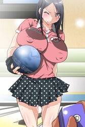 ball black_hair bowling_ball breasts brown_eyes clothing discreet_vibrator erect_nipples erect_nipples_under_clothes huge_breasts kunifuto large_breasts long_hair original pov puffy_nipples pussy_juice skirt vibrator vibrator_under_clothes