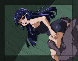 aoki_reika ass blue_eyes blush female girl_on_top hair_ornament hairclip long_hair one-piece_swimsuit open_mouth precure pretty_cure purple_hair rohitsuka sex sketch small_breasts smile_precure straight swimsuit vaginal_penetration