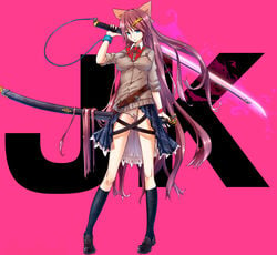 black_legwear blue_eyes breasts brown_hair covered_nipples erect_nipples female hair_ornament hairclip highres impossible_clothes kneehighs loafers long_hair nipples no_bra original panties pink_background pussy school_uniform see-through shoes sleeves_pushed_up solo sword uncensored underwear uniform weapon yamada_(gotyui)