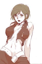 1girls blush breasts brown_eyes brown_hair cum female meiko monochrome short_hair solo toyu vocaloid