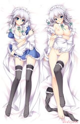 apron barefoot bed_sheet black_legwear blue_eyes blush bow braid breasts cleavage dakimakura detached_collar dodojune feet female frills hairbow knife large_breasts long_hair lying maid maid_headdress multiple_views naked_apron nipples no_shoes on_back pussy ribbon sakuya_izayoi silver_hair single_thighhigh smile thigh_gap thighhighs thighhighs_removed toes touhou twin_braids uncensored