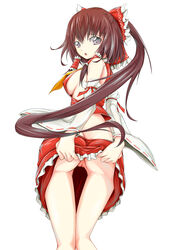 absurdres ascot ass bow breasts brown_hair chestnut_mouth cleft_of_venus detached_sleeves female grey_eyes hair_tubes hairbow highres large_breasts long_hair long_sleeves looking_at_viewer looking_back no_bra no_panties onigiri_(artist) open_mouth ponytail pussy reimu_hakurei shirt sideboob simple_background skirt skirt_lift solo tied_hair touhou turning uncensored very_long_hair white_background wide_sleeves