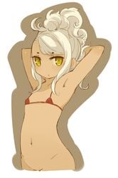 1girls armpits arms_up bikini bottomless female flat_chest highres long_hair looking_at_viewer micro_bikini mota navel original red_bikini solo swimsuit white_hair yellow_eyes