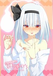 bare_shoulders blush bust cum dress_shirt facial female hair_ribbon highres naked_shirt nigo_(aozoragarou) nigou_(aozoragarou) off_shoulder red_eyes ribbon shirt solo touhou white_hair youmu_konpaku youmu_konpaku_(ghost)