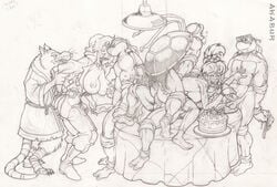 2girls 5boys akabur anthro april_o'neil april_o'neil_(tmnt_1987) brothers donatello female human irma_langinstein leonardo male_focus master_splinter michelangelo monochrome nipples orgy penis rough_sketch teenage_mutant_ninja_turtles tmnt_1987