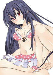 alternate_hairstyle bikini bikini_skirt black_hair blush breasts compile_heart female hair_down idea_factory long_hair masturbation meimu_(infinity) navel neptunia_(series) noire panties polka_dot polka_dot_bikini polka_dot_swimsuit red_eyes solo sweat swimsuit underwear vibrator vibrator_under_panties