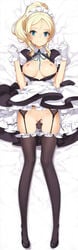 aqua_eyes ayase_eli bed_sheet black_legwear blonde_hair bowtie breasts breasts_out censored clothes dakimakura female female_only frills garter_straps gloves human legs light_smile long_legs looking_at_viewer love_live! love_live!_school_idol_project lying maid maid_headdress nipples no_bra no_panties on_back ooyari_ashito open_clothes ponytail pussy skirt skirt_lift solo thighhighs thighs tied_hair white_gloves