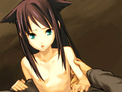 1girls arm_grab breasts brown_hair chuuou_higashiguchi collarbone female flat_chest game_cg green_eyes green_hair holding long_hair nipples nude open_mouth pov sakisaka_fuminori saya_(saya_no_uta) saya_no_uta solo topless