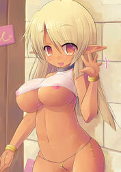 :d blonde_hair blush bracelet breasts brick_wall brown_eyes collar covered_nipples dark-skinned_female dark_skin elf erect_nipples female jewelry kourourin large_breasts long_hair looking_at_viewer navel nipples open_mouth original pointy_ears pussy see-through smile solo string_bikini uncensored underboob waving