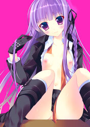 1girls amanagi_seiji black_legwear danganronpa danganronpa_1 female female_only flat_chest gloves kirigiri_kyouko long_hair long_sleeves nipples no_bra no_panties open_clothes open_shirt purple_eyes purple_hair solo straight_hair