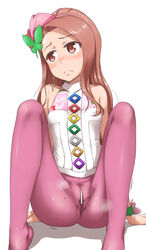 arm_support bare_shoulders brown_eyes brown_hair censored crotch_seam earrings embarrassed hair_ornament hairband highres idolmaster jewelry long_hair looking_away minase_iori nanairo_button_(costume) no_panties no_shoes pantyhose peeing peeing_self petite pink_legwear princess_melody_(idolmaster) simple_background sitting sleeveless solo sweat ttomm white_background wrist_cuffs