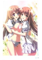 2girls :d absurdres artist_request blue_bra blue_panties blush bra breast_press breasts brown_hair d: female green_eyes highres hishida_ayame hug large_breasts long_hair looking_at_viewer minori multiple_girls natsuzora_no_perseus nipples open_clothes open_mouth open_shirt panties pink_bra plaid plaid_skirt purple_eyes sawatari_tohka school_uniform skirt smile striped striped_bra striped_panties symmetrical_docking underwear vertical-striped_bra vertical-striped_panties vertical_stripes yuri