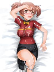 1girls ascii_media_works bad_id bad_pixiv_id black_legwear blush breasts brown_eyes brown_hair cum cum_on_body cum_on_clothes dengeki_daioh employee_uniform fast_food_uniform hataraku_maou-sama! large_breasts mgronald's_uniform open_mouth panties pencil_skirt polo_shirt ribbon sasaki_chiho short_twintails skirt solo source_request suzumebati3 tied_hair twintails underwear uniform white_fox_(studio) year_request