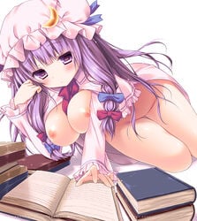 banned_artist blush book breasts female hat konomi_(kino_konomi) large_breasts long_hair looking_at_viewer nipples patchouli_knowledge purple_eyes purple_hair solo touhou