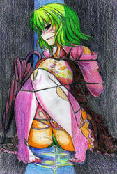 blush bondage breasts gag green_hair green_panties helpless kitaziman nichibotsu_(kitaziman) peeing peeing_self tears touhou umbrella yuka_kazami