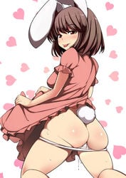 :p animal_ears ass blush breasts brown_hair bunny_ears bunny_tail cum cumdrip female heart ippongui large_breasts looking_at_viewer naughty_face panties pussy_juice red_eyes short_hair solo sweat tail tewi_inaba tongue tongue_out touhou underwear white_panties