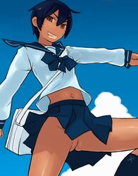 1girls black_hair brown_eyes cloud cute_fang dark-skinned_female dark_skin female female_only from_below grin looking_at_viewer looking_down lvi midriff naughty_face navel no_panties original outdoors pleated_skirt pussy sailor_collar school_uniform serafuku skirt sky smile solo uncensored upskirt very_short_hair