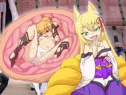 animal_ears bad_end blonde_hair blush breasts camel_(dansen) cecil_(mon-musu_quest!) clothing dissolving_clothes female fox_ears fur furry_ears furry_tail green_eyes inside_creature kitsune medium_breasts minigirl monster_girl monster_girl_quest navel panties tail tamamo_(monster_girl_quest) vore wince wink x-ray