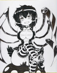 1girls adapted_costume asymmetrical_wings bare_shoulders breasts cleavage female heart leg_lift looking_at_viewer monochrome naughty_face nue_houjuu okiraku_nikku open_mouth panties panties_around_leg panties_around_one_leg panty_pull pointy_ears pussy shikishi short_hair sitting smile solo spoken_heart striped striped_legwear thighhighs touhou traditional_media underwear wings