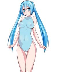 aqua_eyes aqua_hair blush breasts female hatsune_miku highres leotard long_hair looking_at_viewer mujakuma navel nipples pussy see-through simple_background smile solo thigh_gap tied_hair twintails uncensored very_long_hair vocaloid white_background